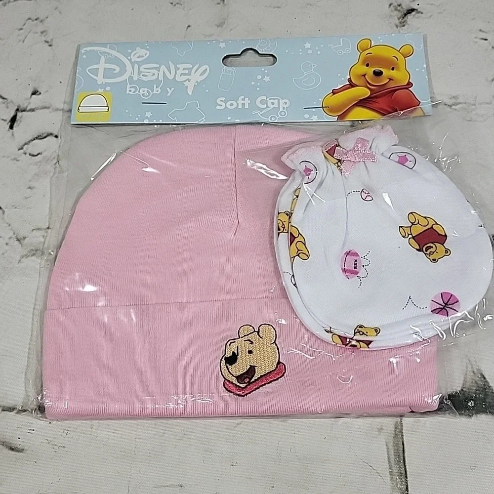 Disney Baby Winnie The Pooh Infant Lot Soft Caps Hats Mittens 3 Each Pink Yellow